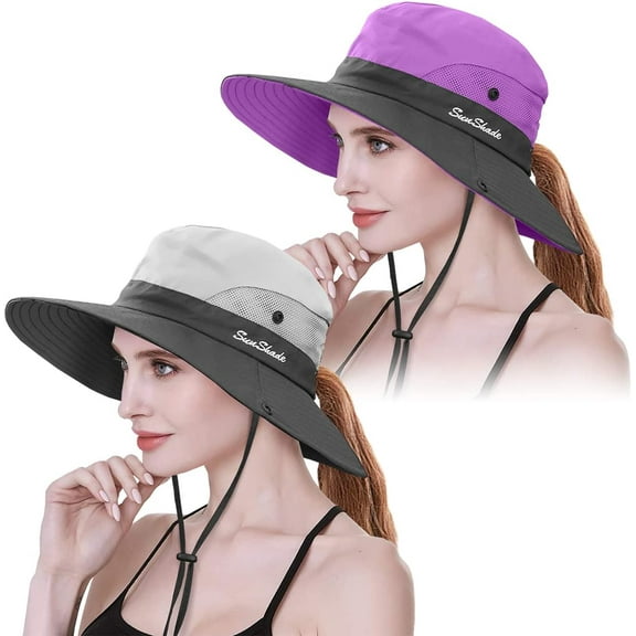 2 Pack Womens Ponytail Sun Hat UV Protection Bucket Hats Foldable Wide Brim Summer Boonie Beach Cap Fishing Hiking…