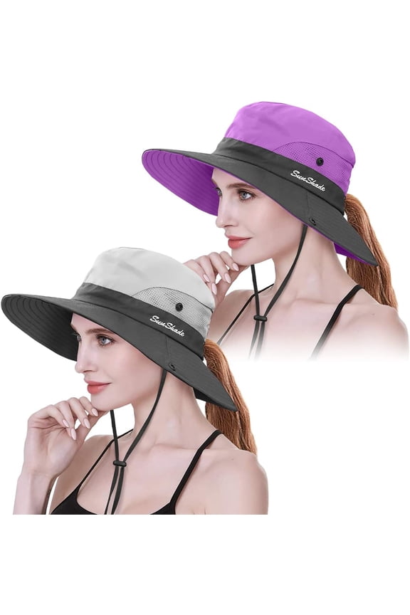 2 Pack Womens Ponytail Sun Hat UV Protection Bucket Hats Foldable Wide Brim Summer Boonie Beach Cap Fishing Hiking…