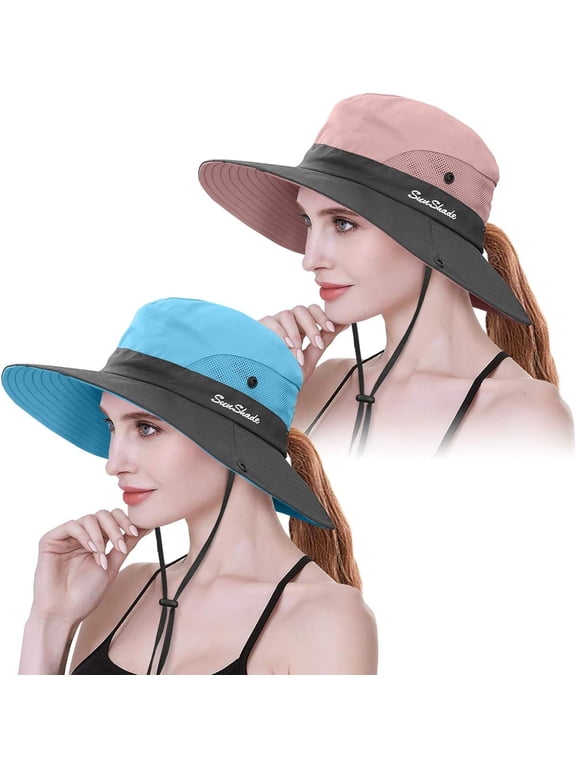 2 Pack Womens Ponytail Sun Hat UV Protection Bucket Hats Foldable Wide Brim Summer Boonie Beach Cap Fishing Hiking…