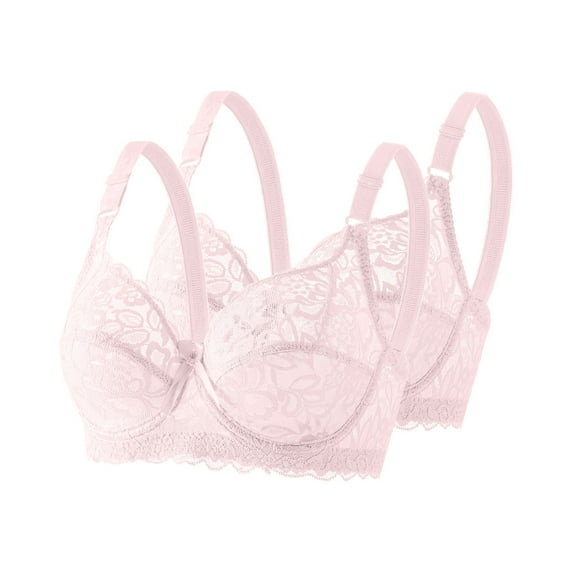 2 Pack Womens Lace Bra Sheer Balconette Unlined Underwire Full Coverage Everyday Lingerie No Padded Bras (M, Pink)