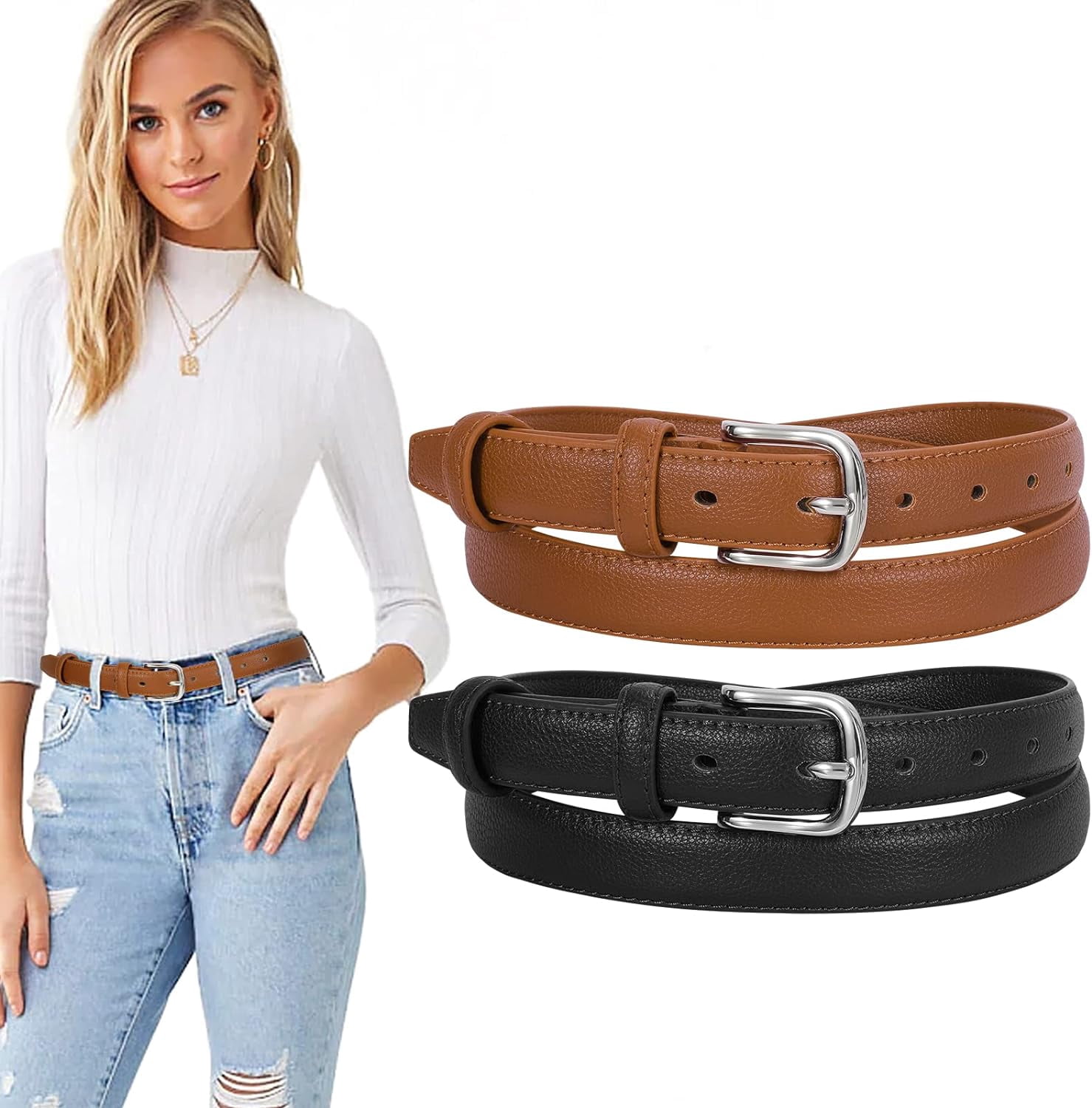 6514 [2 Pack Leather Belt Women-womens With Pin Buckle-belts Ssumday Women main image 3