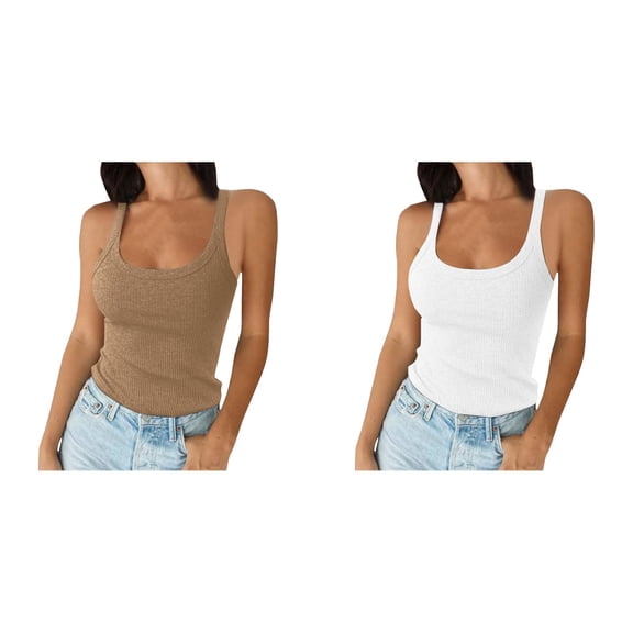 2 Pack Womens Sleeveless Tops Women Spaghetti Strap Scoop Neck Ribbed Tank Tops Slim Fitted Camisole Basic Sleeveless Layering Shirts Exercise Tank Tops for Women XL