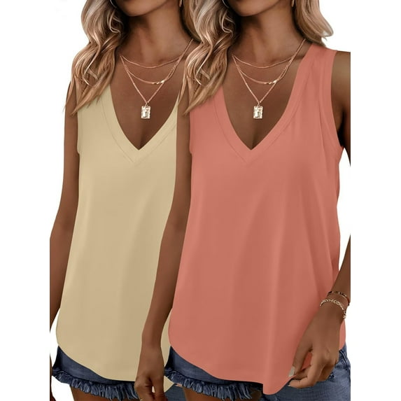 2 Pack Womens Tank Tops Summer V Neck Sleeveless Loose Casual Blouses Beach Vacation Outfits Shirt Apricot & Coral L