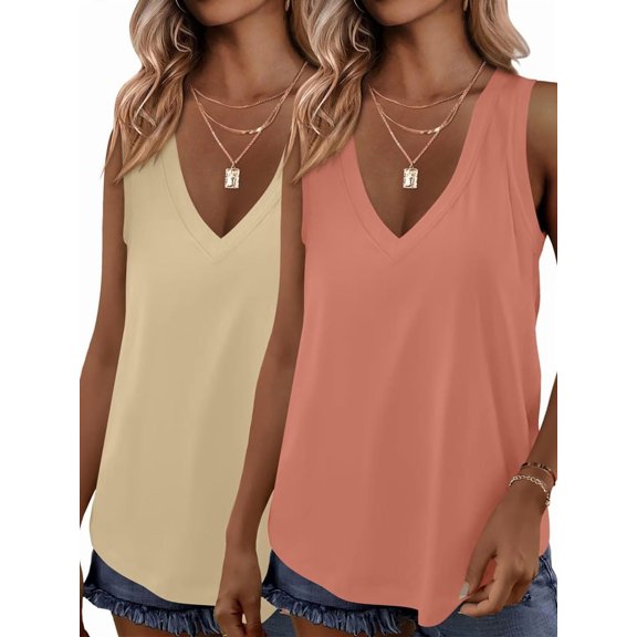 2 Pack Womens Tank Tops Summer V Neck Sleeveless Loose Casual Blouses Beach Vacation Outfits Shirt Apricot & Coral M