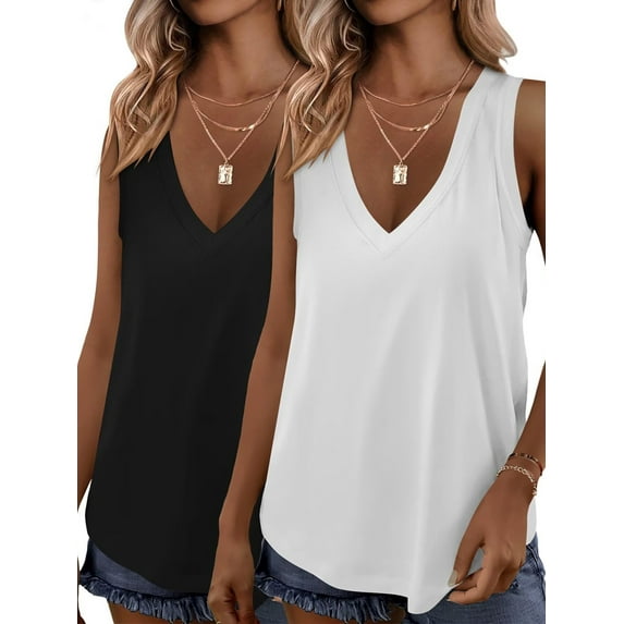2 Pack Womens Tank Tops Summer V Neck Sleeveless Loose Casual Blouses Beach Vacation Outfits Shirt Black & White L