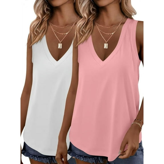 2 Pack Womens Tank Tops Summer V Neck Sleeveless Loose Casual Blouses Beach Vacation Outfits Shirt White & Pink XXL