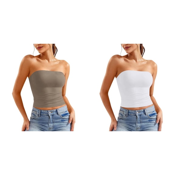2 Pack Womens Tube Top Womens Tube Tops Strapless Crop Tops Basic Backless Sleeveless Bandeau Going Out Cute Summer Outfits Plus Size Tube Top L