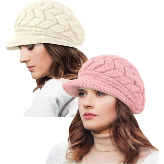 2 Pack Womens Winter Hats Warm Knit Hat Slouchy Beanie Cap with Brim