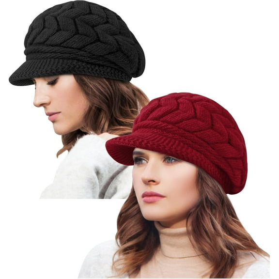 2 Pack Womens Winter Hats Warm Knit Hat Slouchy Beanie Cap with Brim