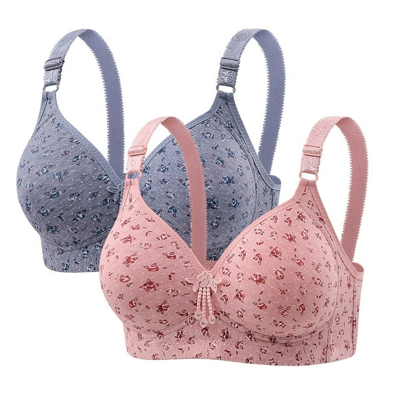 2 Pack Womens Wireless Bras Floral Printed Plus Size Everyday Comfort Bra Underwear Wire-free Bra for Old Women (XL（44/100CD）, Pink&Blue)