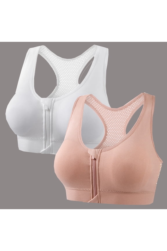 2 Pack Womens Zip Front Sports Bra, Medium Support Wireless Padded Racerback Athletic Yoga Bras