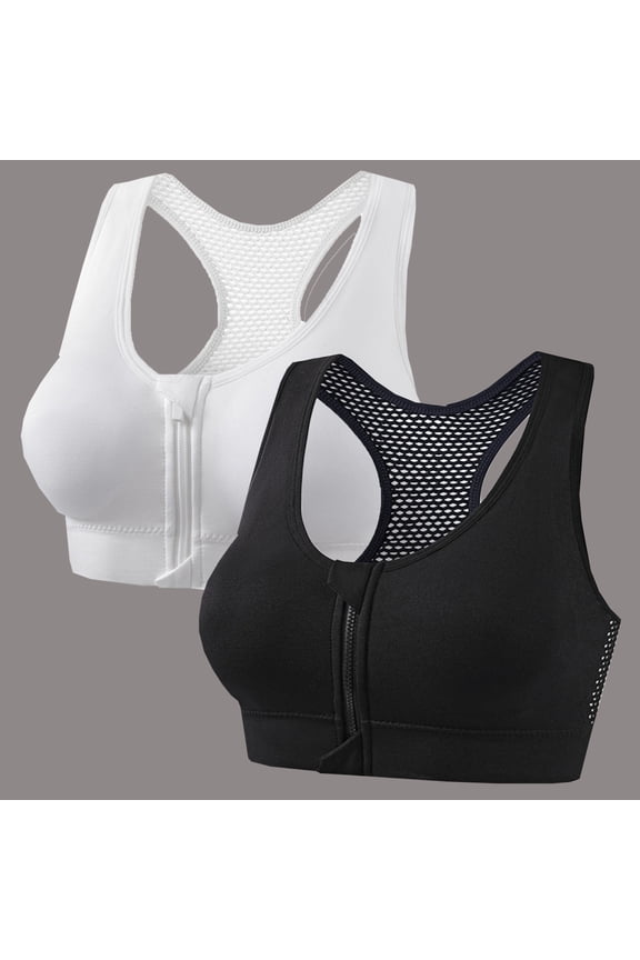 2 Pack Womens Zip Front Sports Bra, Medium Support Wireless Padded Racerback Athletic Yoga Bras