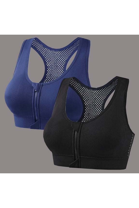 2 Pack Womens Zip Front Sports Bra, Medium Support Wireless Padded Racerback Athletic Yoga Bras