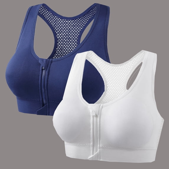 2 Pack Womens Zip Front Sports Bra, Medium Support Wireless Padded Racerback Athletic Yoga Bras