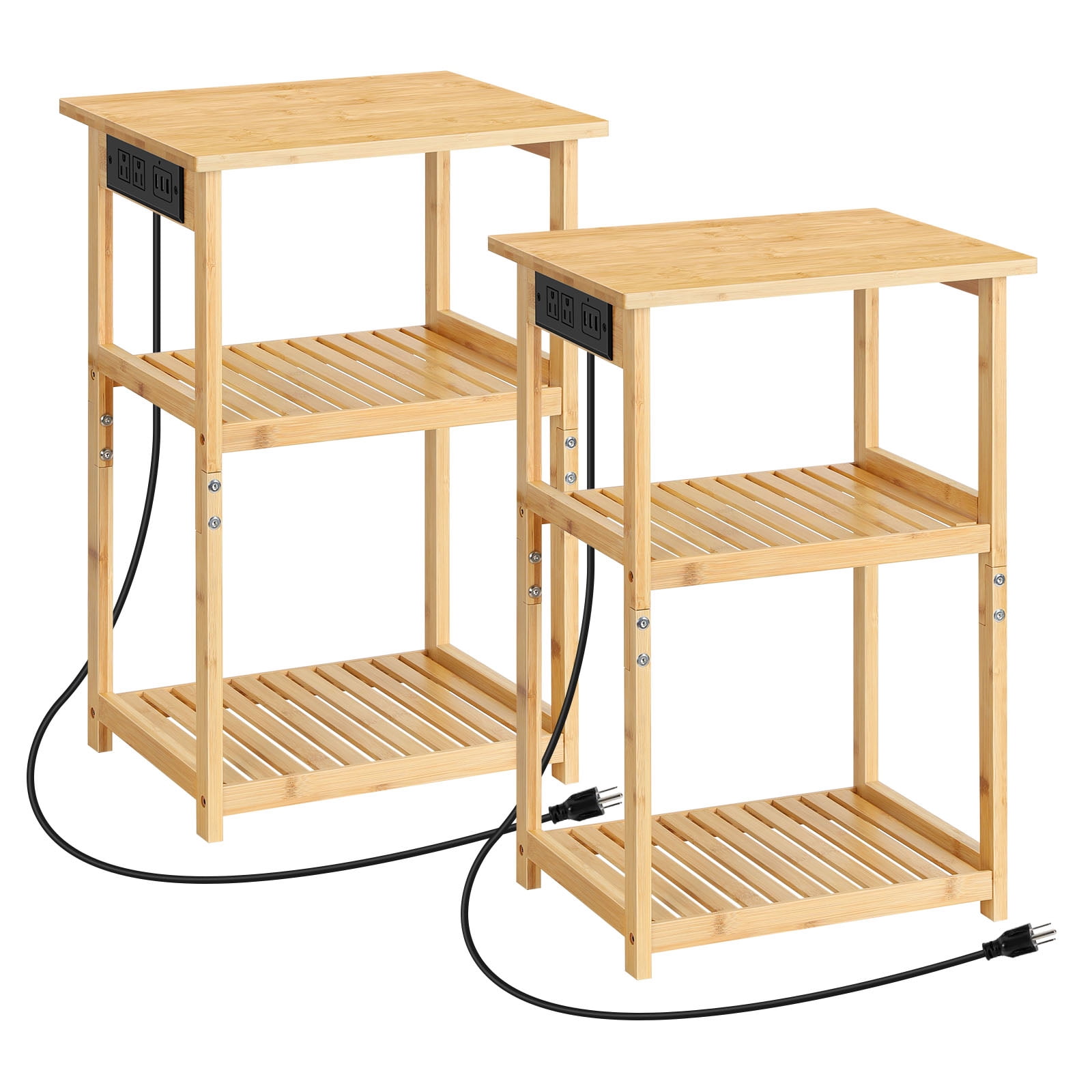 2 Pack Wood Bamboo Nightstand with Charging Station, 3鈥慣ier Open Shelf End Table for Bedroom Living Room