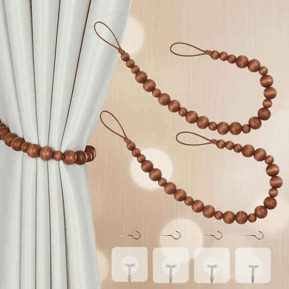 2-Pack Wood Bead Curtain Tiebacks with Wall Hooks - Decorative Curtain Holdbacks for Window Treatments, Pull Backs in Coffee Brown Finish