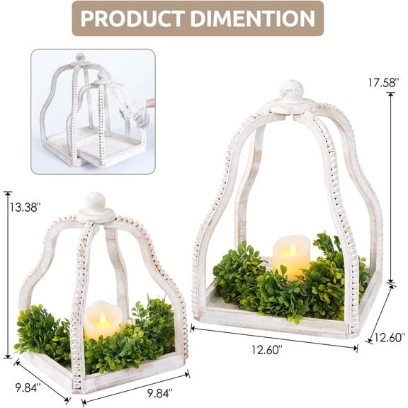 2 Pack Wood Beaded Lantern Set Vintage Rustic Farmhouse Decorative Candle Lanterns, Distressed White$$Home Decor, Kitchen, & Other