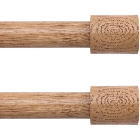 2 Pack Wood Curtain Rods, 1'' Decorative Adjustable Rustic Farmhouse Drapery Rod, Heavy Duty Boho Curtain Pole for Windows 28 to 48 Inch with Imitation Wooden Grain Finials, (Light Wood/Unique De