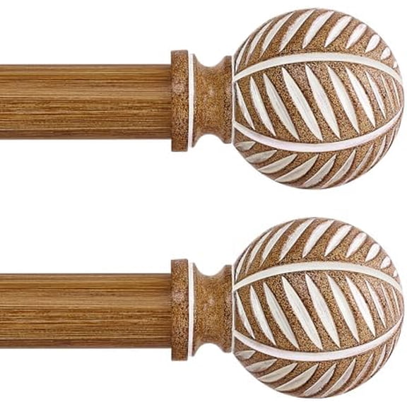 2 Pack Wood Curtain Rods 28 to 48 Inch,1 Inch Boho Adjustable Curtain Rod,Imitation Wood Grain Leaf Window Curtains Rods,Farmhouse Rustic Heavy Duty Drapery Poles,Brown Drapery Rods Set 18-45"