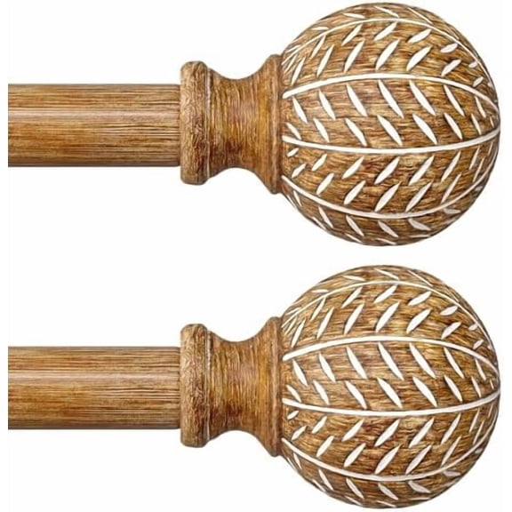 2 Pack Wood Curtain Rods for Windows 66 to 120 Inch,1'' Diameter Drapery Rods with Imitation Wood Grain Leaf Pattern Finials,Boho Adjustable Heavy Duty Curtain Rods Set,36-120'',Natural Wood