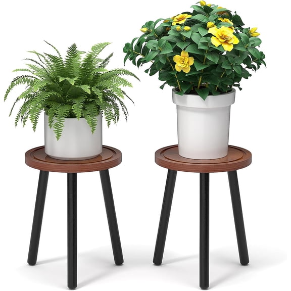 2-Pack Wood Plant Stands Indoor, 16.7" Tall Plant Stand Outdoor Mid-Century Plant Stool, Single Plant Table Modern Small Round Side/End Table for Living Room, Balcony, Office(Brown)