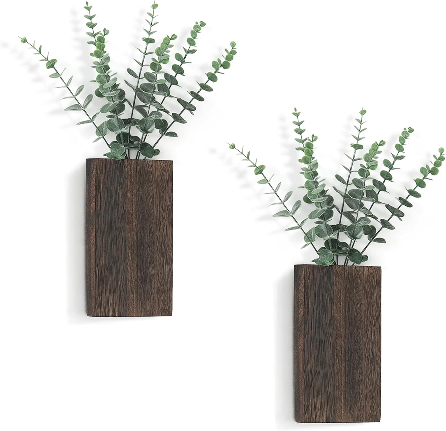 2 Pack Wood Wall Planter Vase with Artificial Eucalyptus Farmhouse Wall Hanging Decor Pocket Planter for Indoor Fake Plants Greenery, Living Room Bedroom Kitchen Home Office Decoration