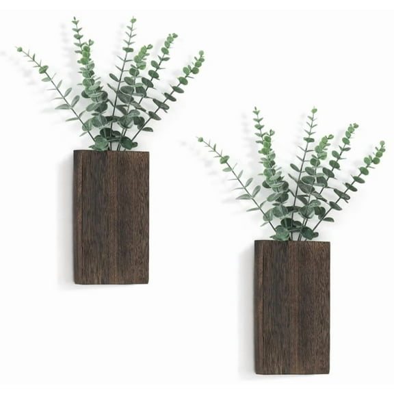 2 Pack Wood Wall Planter Vase,Farmhouse Paulownia Wall Hanging Vase,Decorative Pocket Planter with Artificial Eucalyptus,Indoor Modern Wall Decor for Living Room,Wall-Hung Flowerpot Decorative Vase