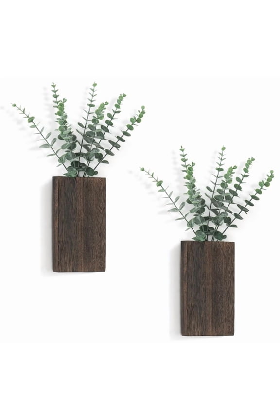 2 Pack Wood Wall Planter Vase,Farmhouse Paulownia Wall Hanging Vase,Decorative Pocket Planter with Artificial Eucalyptus,Indoor Modern Wall Decor for Living Room,Wall-Hung Flowerpot Decorative Vase