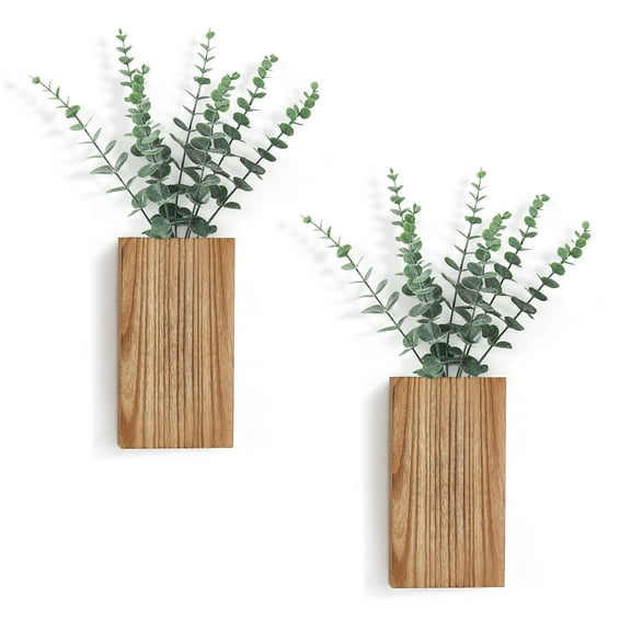 2 Pack Wood Wall Planter Vase with Artificial Eucalyptus Farmhouse Wall Hanging Decor Pocket Planter
