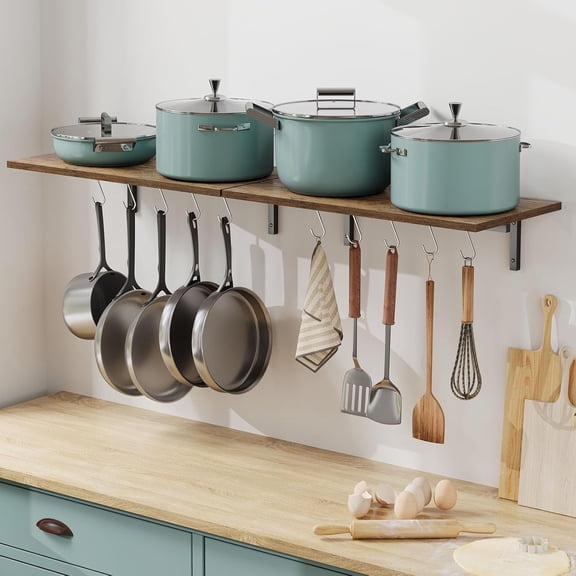 2 Pack Wooden 23.6'' Pot Pan Hanging Rack Wall Mounted with 10 S Hooks, Set of 2 Large Pot Wall Holder Kitchen Shelves for Utensils, Cookware
