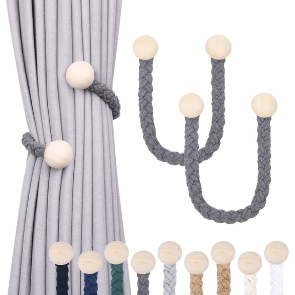 2 Pack Wooden Ball Decor Curtain Tiebacks Farmhouse Rustic Style Drape Tie Backs Natural Cotton Hand Woven Rope Curtain Holdbacks for Home & Office Sheer/Light Weight Drapery (Dark Grey)