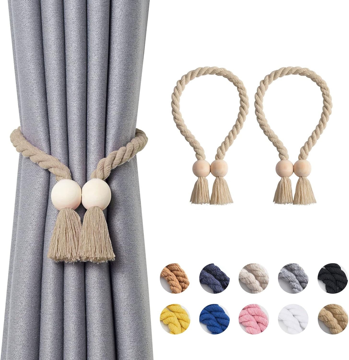 Contoeey 2-Pack Wooden Bead Magnetic Curtain Tiebacks - Adjustable Rope Holdbacks For Boho, Modern, Or Farmhouse Decor