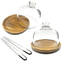 2 Pack Wooden Base Mini Cake Display Stand with Glass Dome,Cloche Clear Glass Bell Jar Cover for Dessert Cheese Candy Plants Succulents (4.1 x 3.7 Inch)