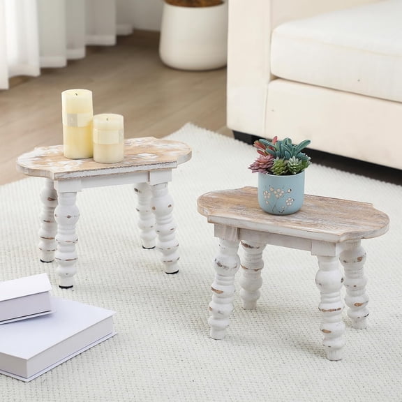2 Pack Wooden Bathroom Foot Stool Vintage Farmhouse Style Decorative Wooden Stool Stand Small Plant Stools for Adults Kitchen Bedroom Nightstand or Living Room Accent Table
