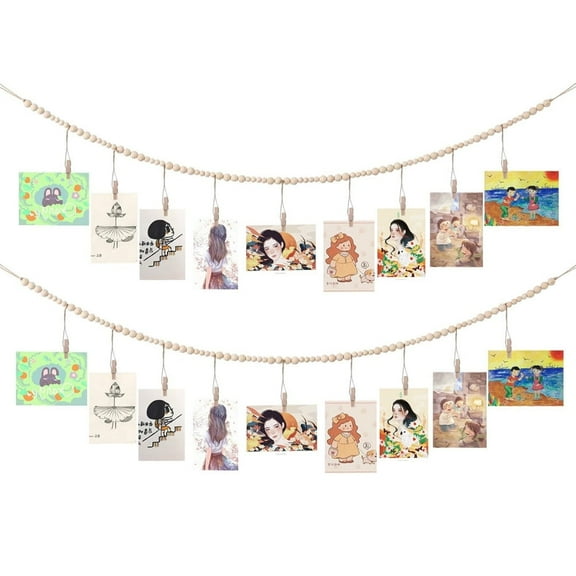 2 Pack Wooden Beads Garland Photo Wall Decoration,Picture Cards Holder with Clothespins,Wall Hanging Photo Display,Farmhouse Photo Holders,Boho Collage Picture Frame,for Home Room Decor