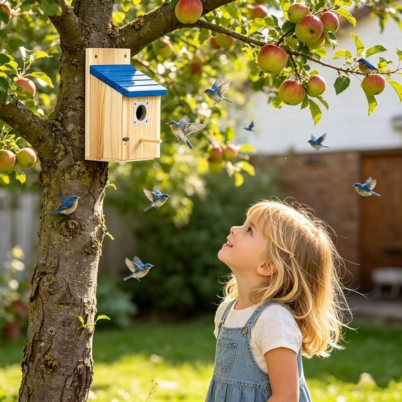 2 Pack Wooden Birdhouse, 1.5" Entrance Metal Predator Guard for Outside Bluebird