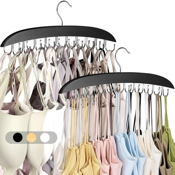 2 Pack Wooden Bra Holder with 40 Hooks, Space Saving Closet Organizer for Underwire Bras Sports Bras Tanks Scarves, Black