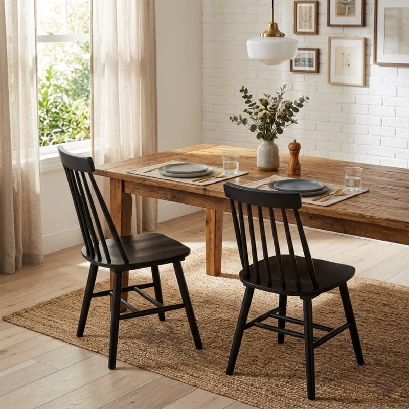 2-Pack Wooden Dining Chairs, Solid Wood Spindle Back Side Chair Set of 2, Mid-Century Modern Armless Kitchen Chairs for Dining Living Room