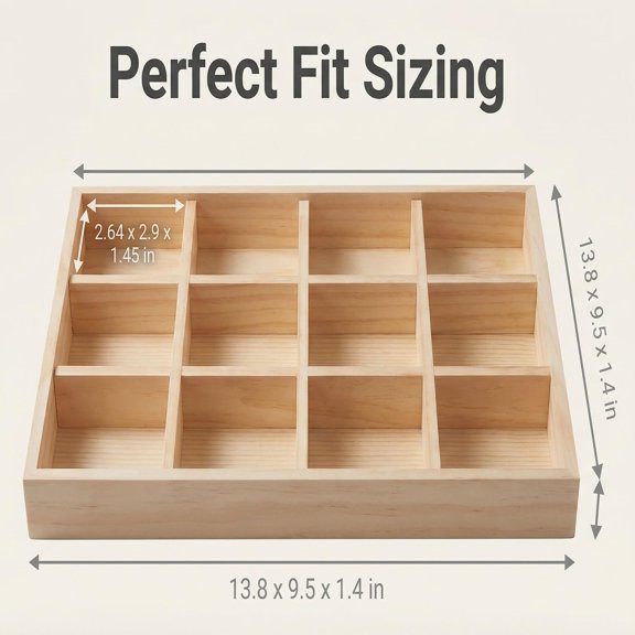 2 Pack Wooden Display Organizer Tray, 12 Grid Divided Sorting Tray for Small Items, Wood Storage Box for Desk and