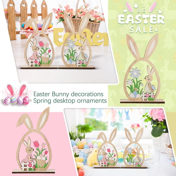 2-Pack Wooden Easter Bunny Decorations, Spring Tabletop Ornaments With Egg & Flower Cutouts, 2*Desktop Accents