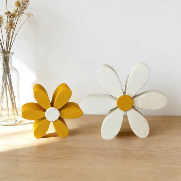 2-Pack Wooden Flower Shelf Sitter Decorations | Set of 2 White Wood Tabletop Ornaments for Home Office Desk Living Room Bedroom | 6.3" and 5.12" Floral Accents
