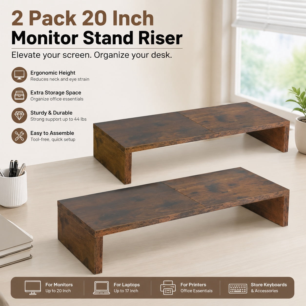 2 Pack Wooden Monitor Stand Riser 20 Inch with Storage Shelf for TV PC ...