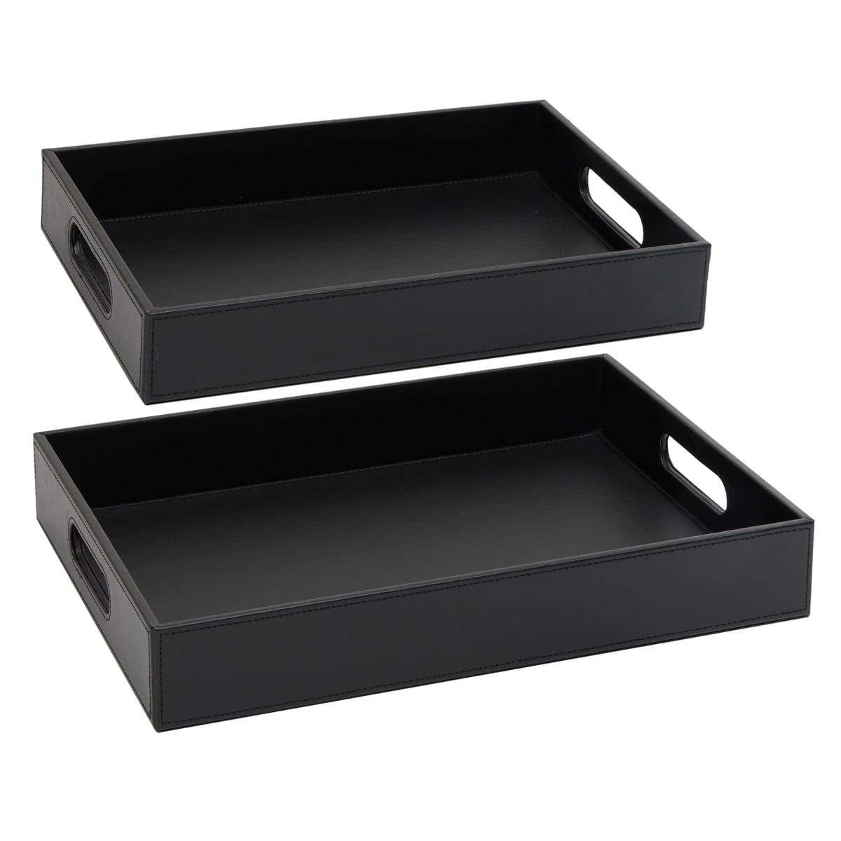 2Pack Wooden Nesting Serving Tray Set with Stitched Faux Leather Skin