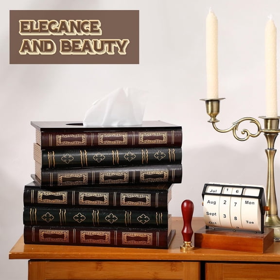 2-Pack Wooden Novelty Tissue Box Cover Rectangular Retro Book Design Decorative Holder for Home Bathroom Kitchen
