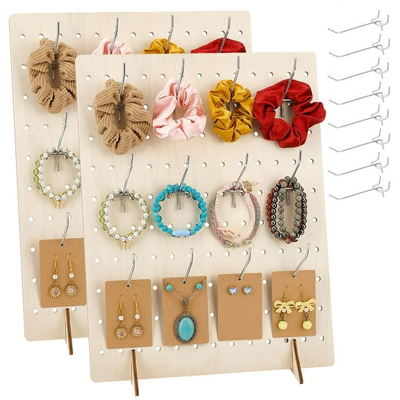 2 Pack Wooden Pegboard Display Stand with 30 Pcs Metal Hooks Keychain Display Stand Retail Rack for Vendor Event Selling Tools Peg Board Accessories Rack Organizer 16.9" X 13" diy
