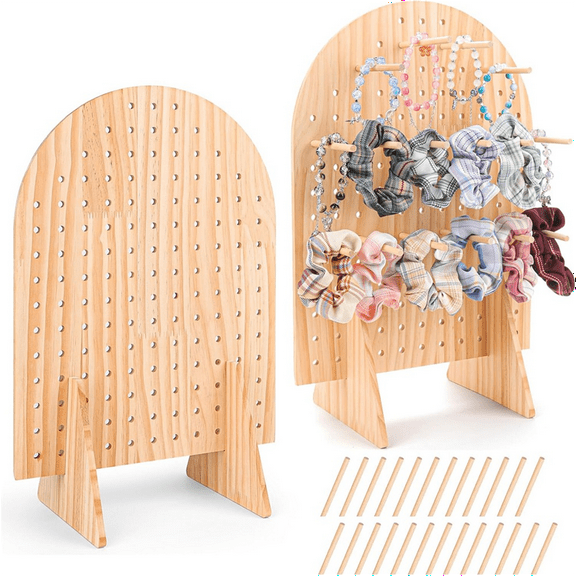 2 Pack Wooden Pegboard Display Stand with 25 Pcs Wood Dowel Rods, Oval Pegboard Stand for Jewelry,Peg Board