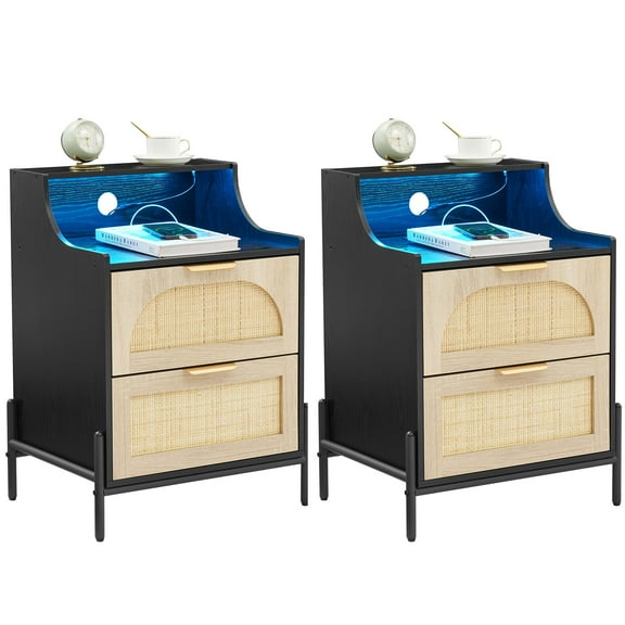 2-Pack Wooden Rattan Nightstand with Charging Station & LED Lights – Bedside Table Set with USB Ports, Outlets, and Drawer in Black for Bedroom, Living Room or Dorm