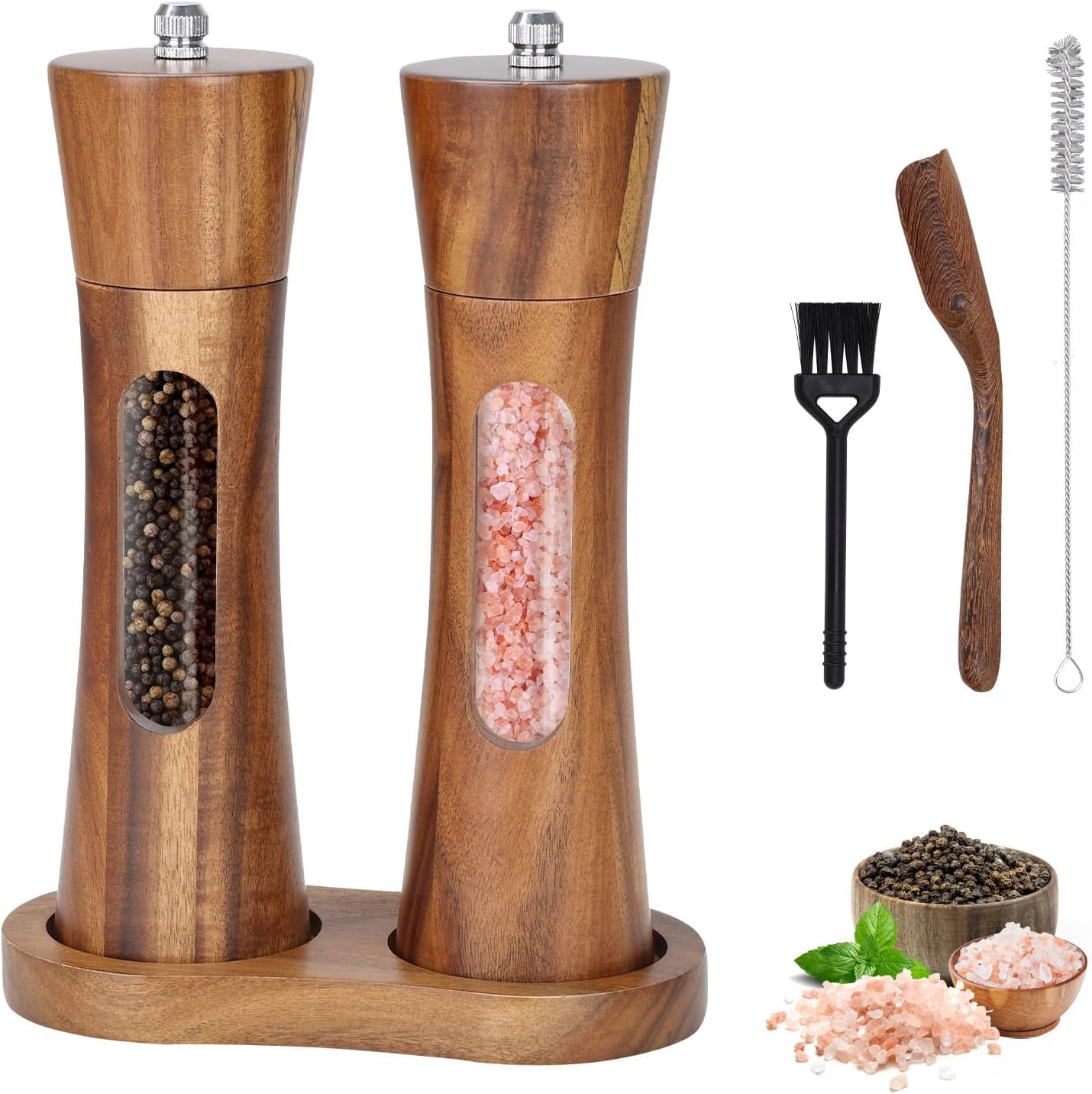 2 Pack Wooden Salt and Pepper Grinder Set, 8 inch Manual Salt and Pepper Mill with Brush and Spoon, Adjustable Coarseness, Refillable Pepper Grinder for Kitchen, Transparent
