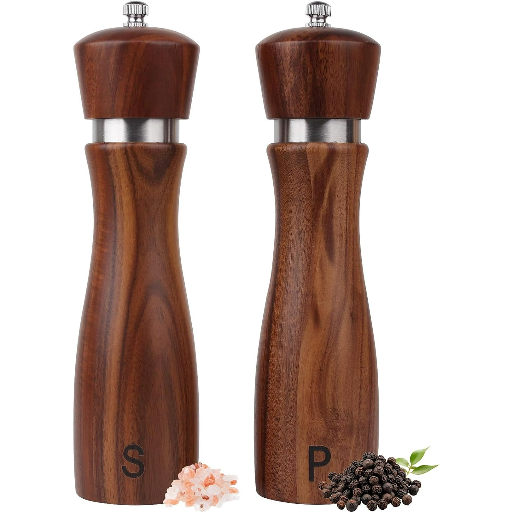 2 Pack Wooden Salt and Pepper Grinder Set, Salt and Pepper Shaker Tableware,Crafted of Solid Acacia Wood with Ceramic/Stainless Steel Core,8 Inch，Birthday Gifts