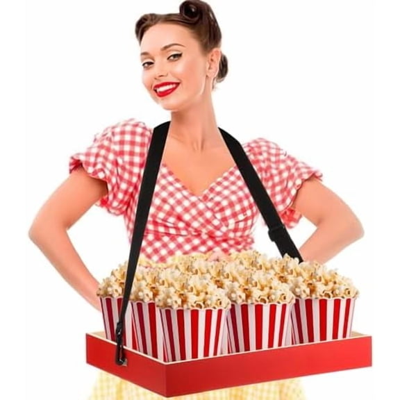 2 Pack Wooden Snack Trays with Strap,15.7 x 11.8 x 2.2 Inch Red Snack Tray, Movie Snack Trays,Snack and Beverage Carrier Party Tray Snack for 20's Theme Costume Accessory Prop Adult Carnival